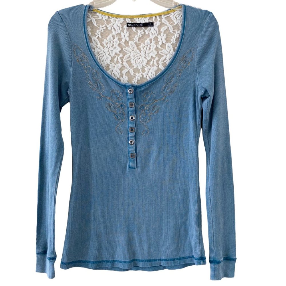 Blue Thermal w/ White Lace & Gold Embroidery